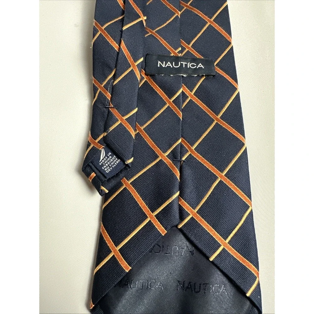 Nautica Blue Orange Geometric Grid Windowpane Silk Tie Business Casual Preppy